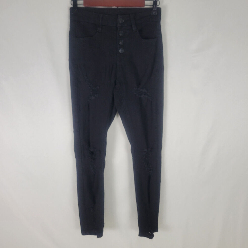 Rue 21 Jeans Womens 4 Black Denim High Rise Curvy Ankle Jegging Button Destroyed